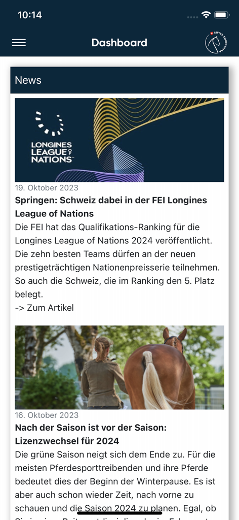 Swiss Equestrian - Swiss Equestrian app dashboard displaying the latest news and competition updates
