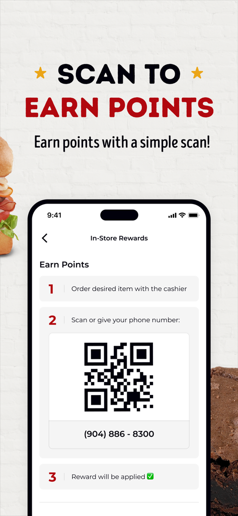 Ein mobiler Bildschirm, der einen QR-Code und Anweisungen zum Scannen zum Sammeln von Punkten bei Firehouse Subs zeigt.