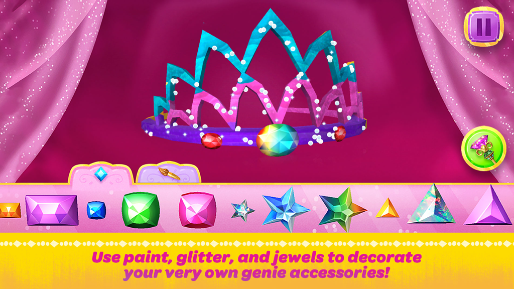 Shimmer and Shine: Genie Games - A colorful crown being decorated with various shaped jewels in the Shimmer and Shine Genie Games app.