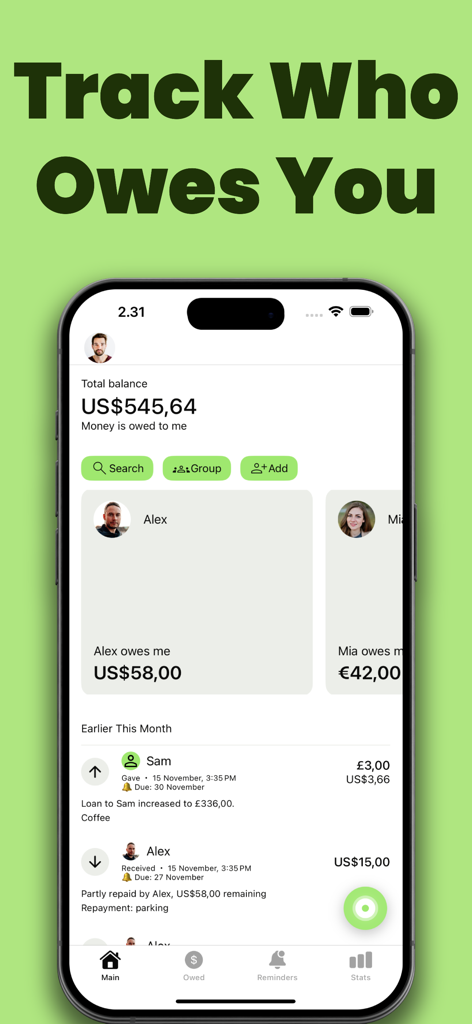 Loan Tracker: You Owe Me - The main dashboard of the Loan Tracker app showing a total balance and individual debt summaries for friends