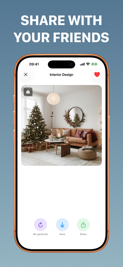 Home AI: Interior Design - 再生成、保存、または友人と共有するオプションを備えたAI生成のリビングルームデザインを表示するiPhone画面