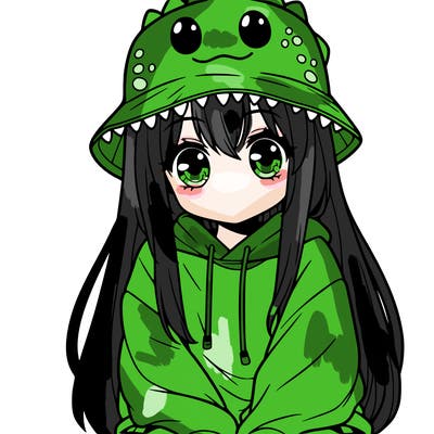 girl with anime shaped eyes with a dinosaur bucket hat oversized sweatshirt long straight hair