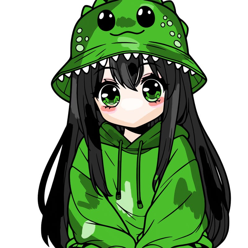 girl with anime shaped eyes with a dinosaur bucket hat oversized sweatshirt long straight hair