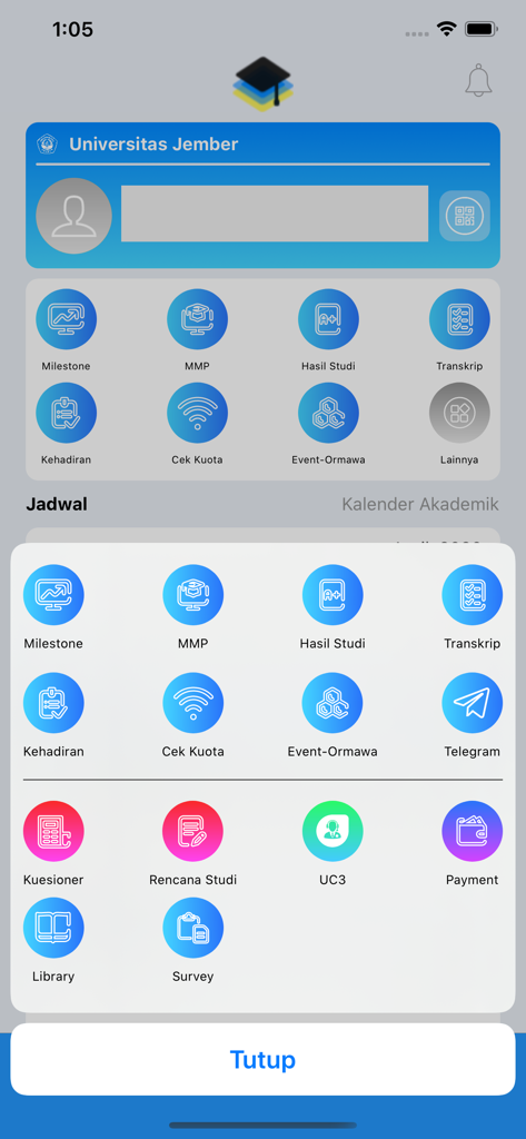 Sister For Student - Panel de control móvil de la aplicación Sister For Student que muestra iconos de servicios académicos y administrativos