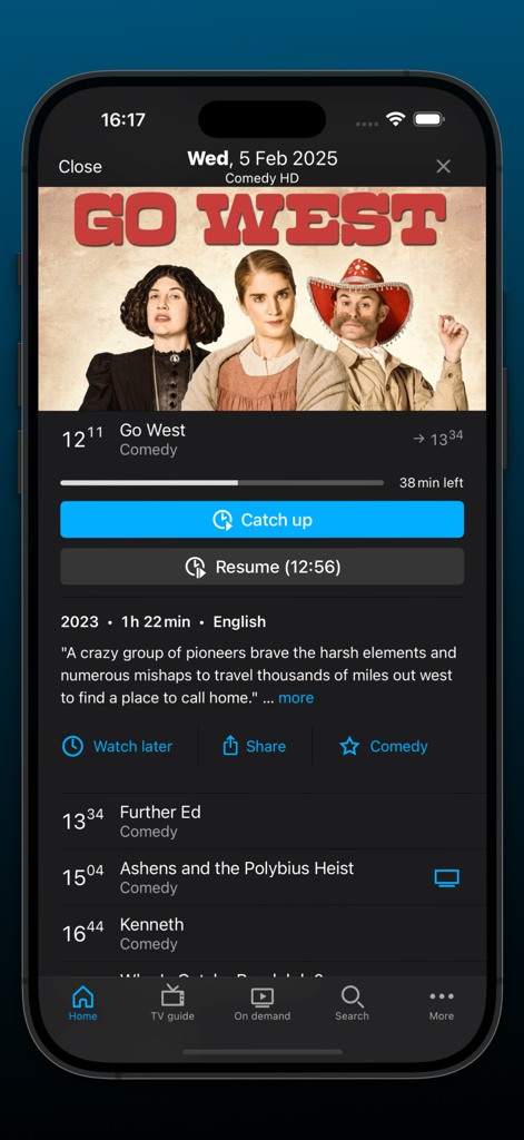 Rapido TV - Interface do aplicativo Rapido TV exibindo informações de filmes e opções de reprodução de reprise