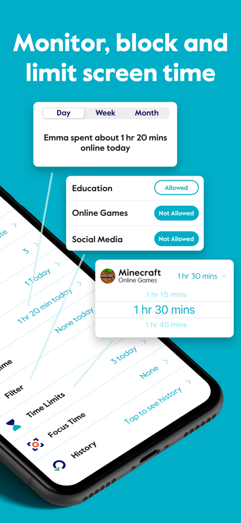 Circleペアレンタルコントロールアプリのインターフェース。子供向けの1日のスクリーンタイム制限とコンテンツフィルタリング設定が表示されています。