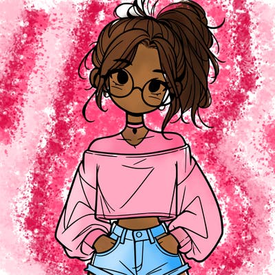 girl with a messy ponytail glasses a baggy crop top and jean shorts