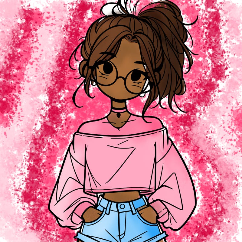 girl with a messy ponytail glasses a baggy crop top and jean shorts