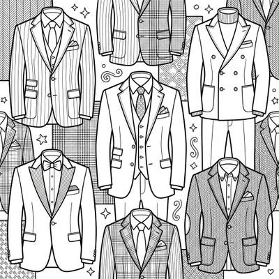 Step into the elegant world of men's fashion with this captivating coloring page featuring an array of stylish suits and blazers. Discover intricate patterns and sophisticated designs perfect for expressing your creativity.
