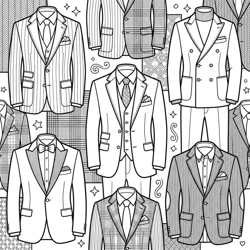 Step into the elegant world of men's fashion with this captivating coloring page featuring an array of stylish suits and blazers. Discover intricate patterns and sophisticated designs perfect for expressing your creativity.