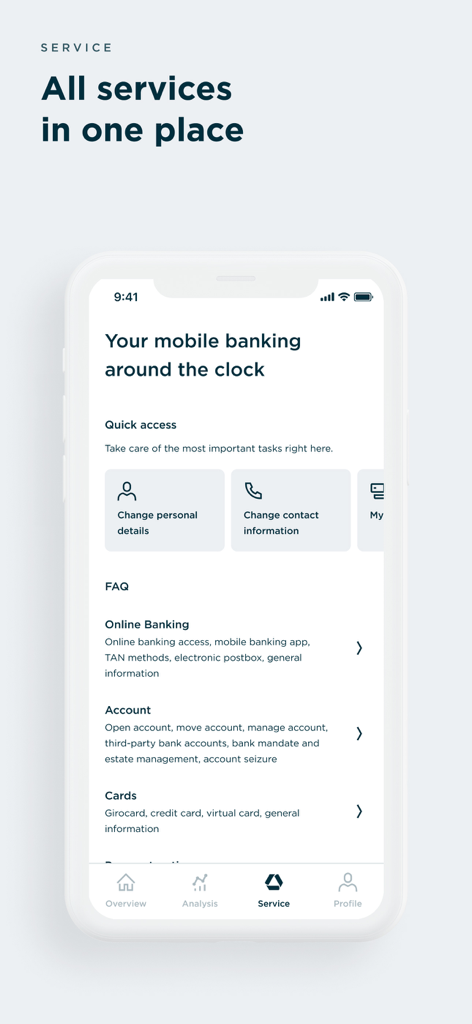 Commerzbank Banking - Commerzbank 모바일 앱 서비스 화면에 계좌 관리 및 FAQ에 빠르게 액세스할 수 있는 기능 표시