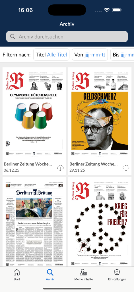 Archivansicht der Berliner Zeitung E-Paper App mit verschiedenen Zeitungstitelseiten mit Such- und Filteroptionen