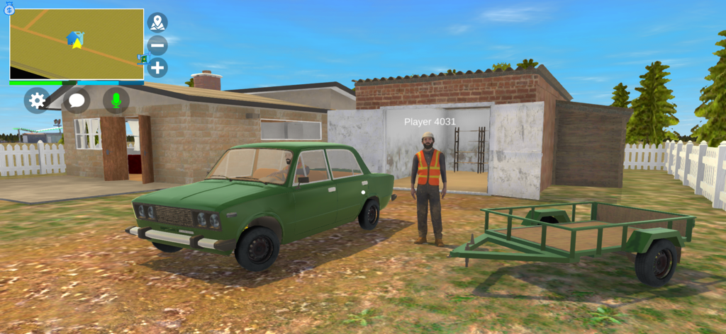 Player character standing by a green vintage car and trailer in front of a garage