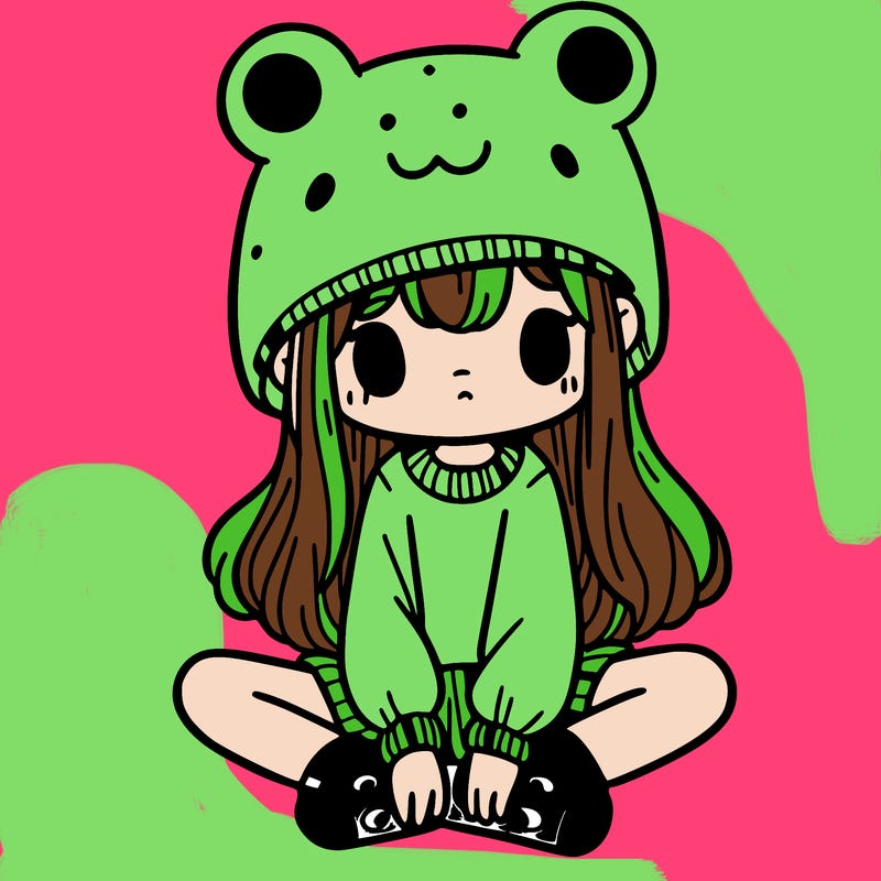 a girl wearing a frog hat and some frog socks