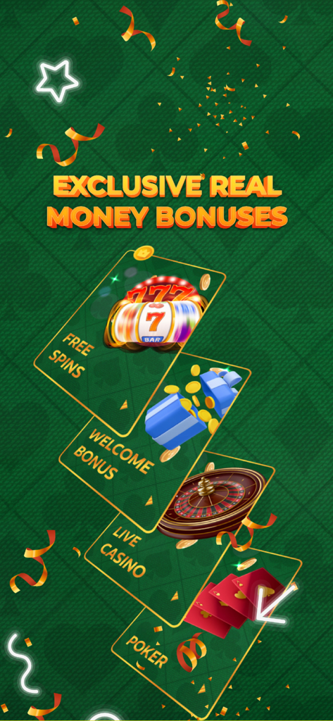 Real Poker Money - Graphic showing exclusive real money bonuses for poker, live casino, and free spins on a green background