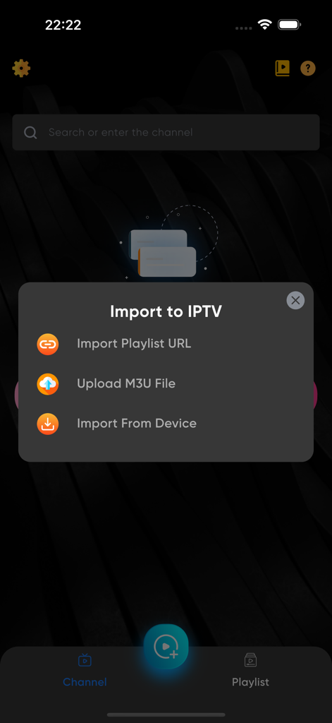 IPTV Player Pro - Smart TV - Das Menü 'Importieren in IPTV' mit Optionen für Playlist-URL, M3U-Datei-Upload und Geräteimport