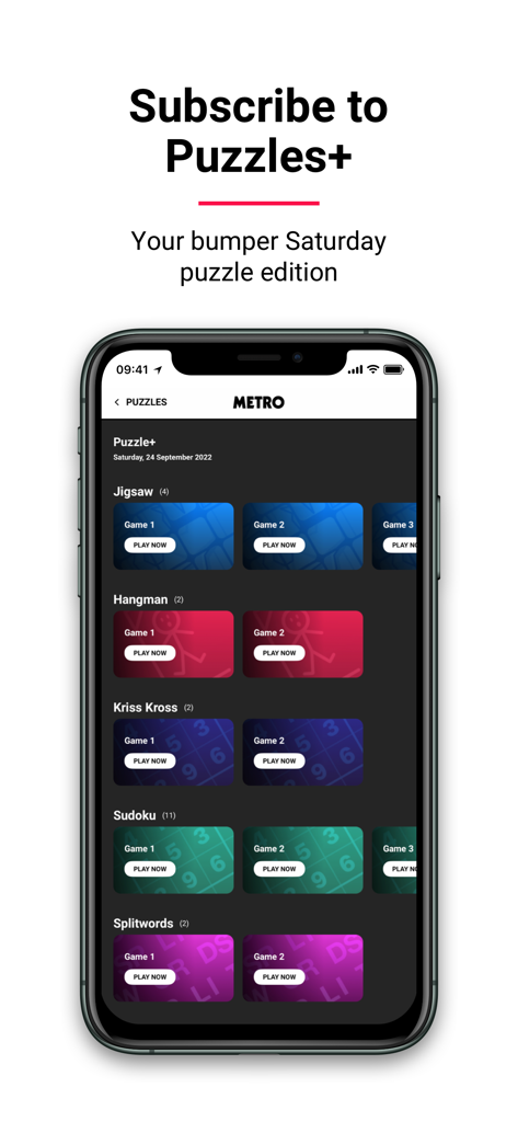 Metro: World and UK news app - メトロニュースアプリの画面に、数独やジグソーパズルなどのさまざまな毎日のパズルゲームが表示されています。