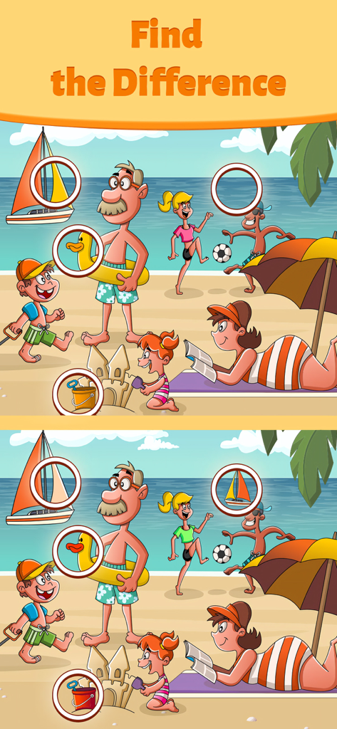 Differences Online—Find Games - A colorful cartoon beach scene in a find the difference puzzle game