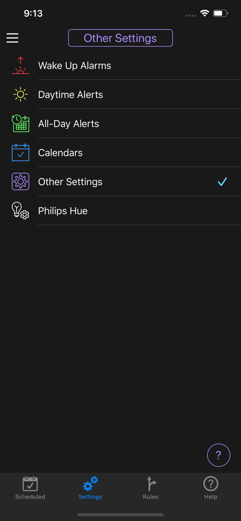 Calarm - Settings menu of the Calarm app showing options for wake up alarms, daytime alerts, and Philips Hue integration.