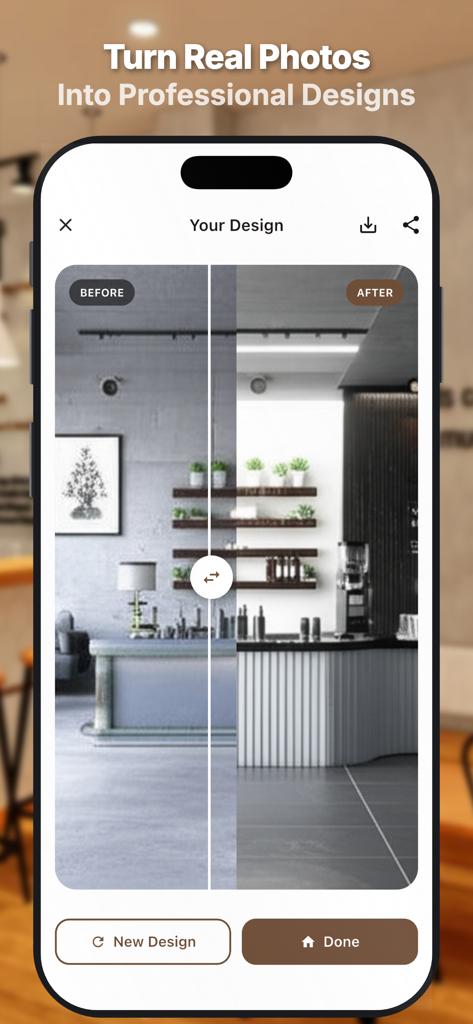AI Coffee Shop Design - A side by side before and after comparison of a coffee shop interior design using artificial intelligence