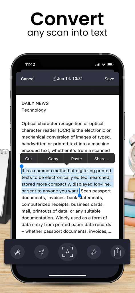 Scanner App Pro: Pdf Documents - Schermata dello smartphone che mostra l'estrazione del testo OCR da un documento scansionato in Scanner App Pro