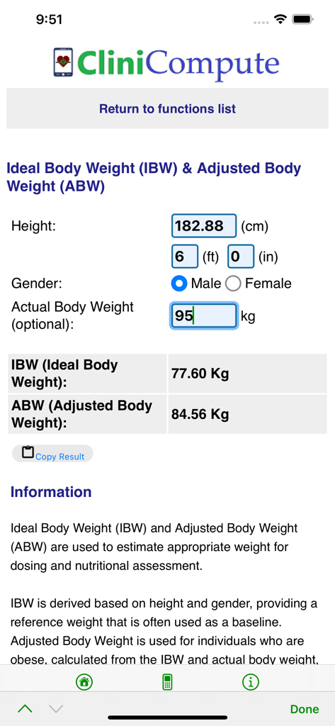 Interfaz de la aplicación médica CliniCompute que muestra la pantalla de la calculadora de peso corporal ideal y peso corporal ajustado