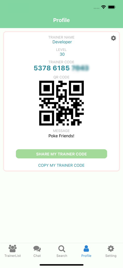 Der Profilbereich der Poke Friends App, der einen Trainercode und einen QR-Code anzeigt.