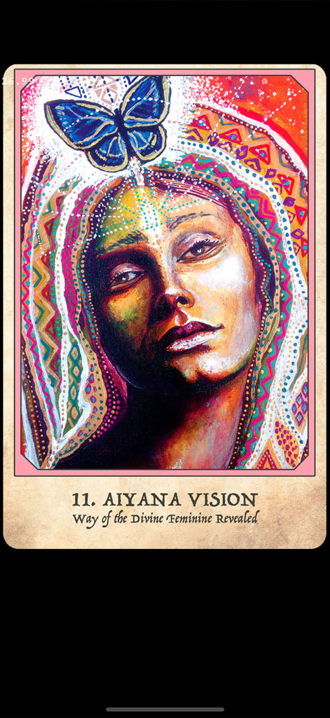 Earth Warriors Oracle Cards - A colorful digital oracle card titled Aiyana Vision from the Earth Warriors app featuring a woman's face and a blue butterfly