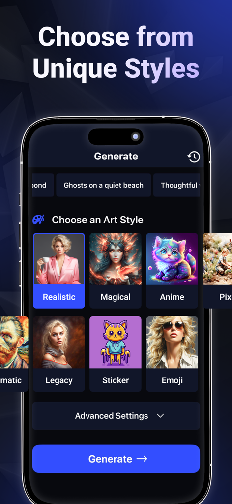 Deviant Art - Monet AI - Una interfaz móvil para la aplicación Monet AI que muestra una selección de estilos artísticos como Realista, Mágico y Anime con un botón de generar en la parte inferior.
