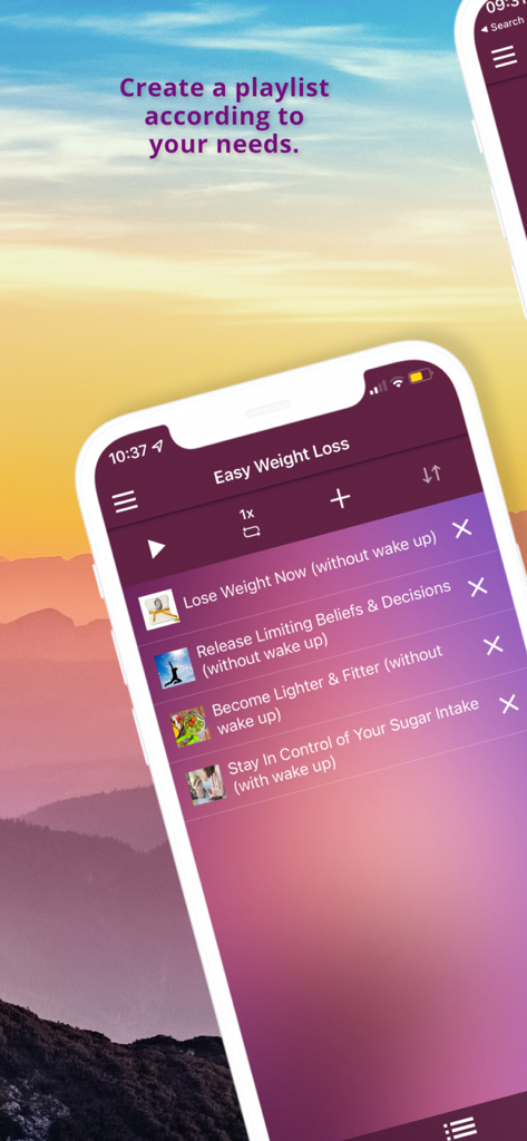 Interface of the Easy Weight Loss app showing a customizable hypnosis session playlist for users.