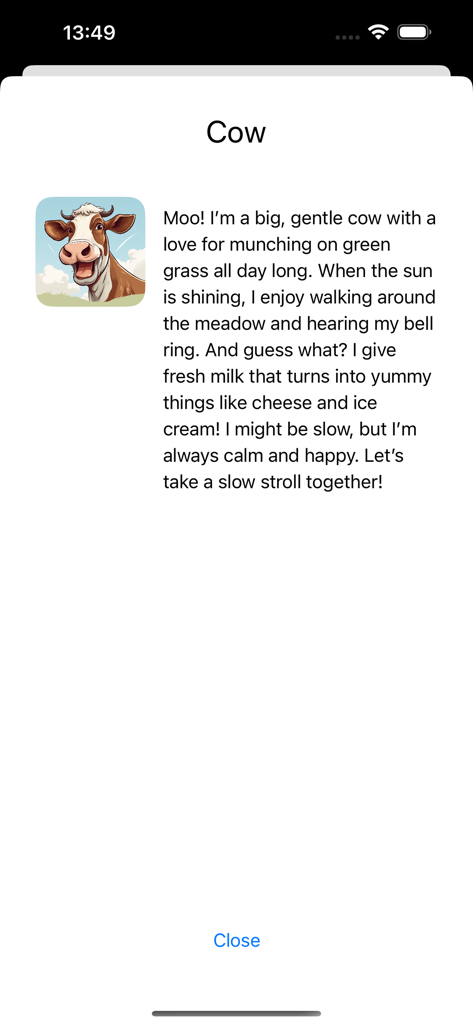 Animal Voices on a Farm - Pantalla educativa que muestra una ilustración de una vaca feliz y datos curiosos para niños pequeños