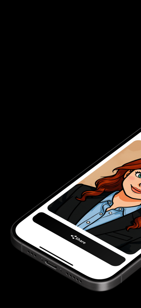 AI Cartoon Maker: Toon Studio - iPhone 画面に、女性のカートゥーンアバターと Toon Studio アプリの共有ボタンが表示されている