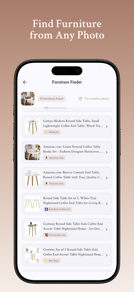 Schermata Furniture Finder di Interia che visualizza prodotti identificati da una foto con collegamenti ai rivenditori