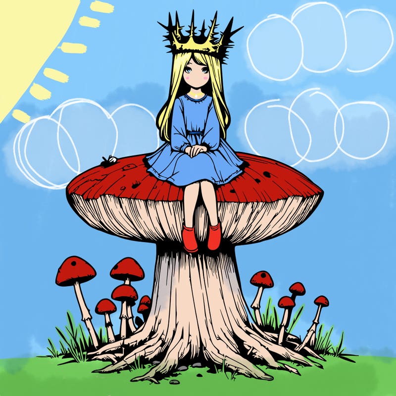 realistic girl sitting on a huge tree stump size toadstool with thorn crown