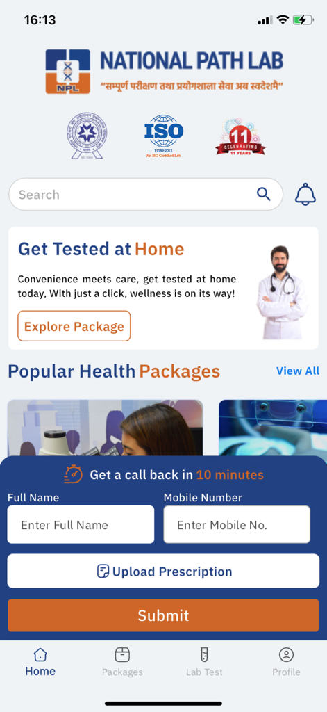 National Path Lab - National Path Lab app home screen showing medical test packages and a callback request form