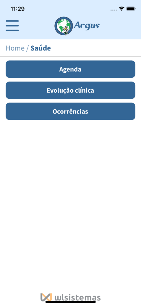 Argus - Argus mobile app health menu displaying options for schedule clinical progress and occurrences