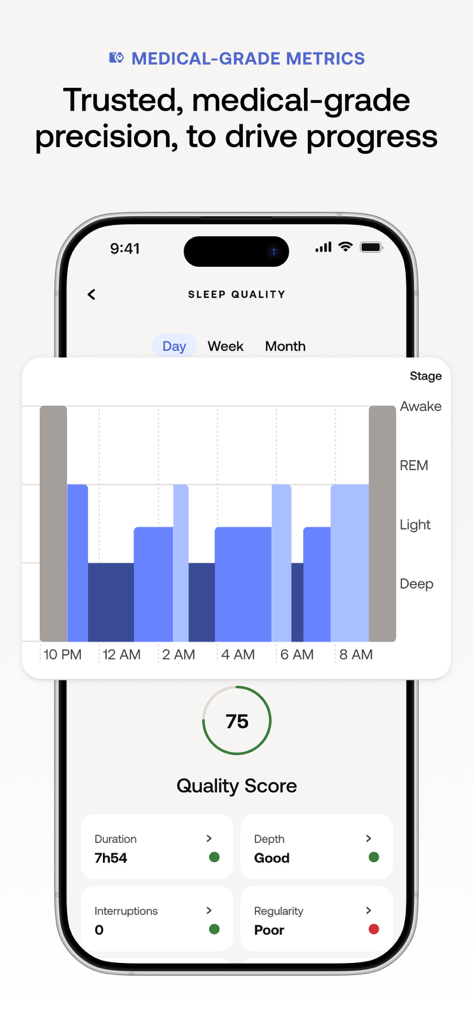 Withings App-Oberfläche zeigt Schlafqualitätsmetriken, einschließlich eines Schlafphasendiagramms und eines Qualitäts-Scores