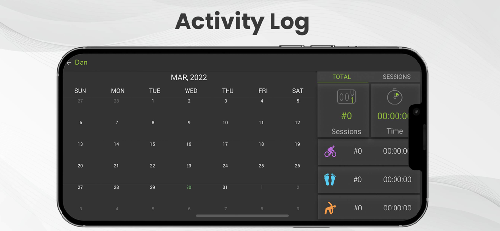 BoBo Pro 2.0 - BoBo Pro 2.0 activity log showing patient calendar and therapy session statistics