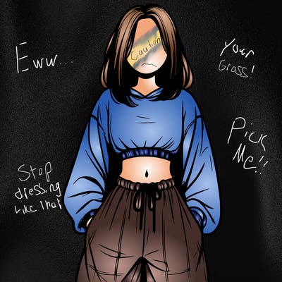 realistic girl faceless with baggy pants and a crop top