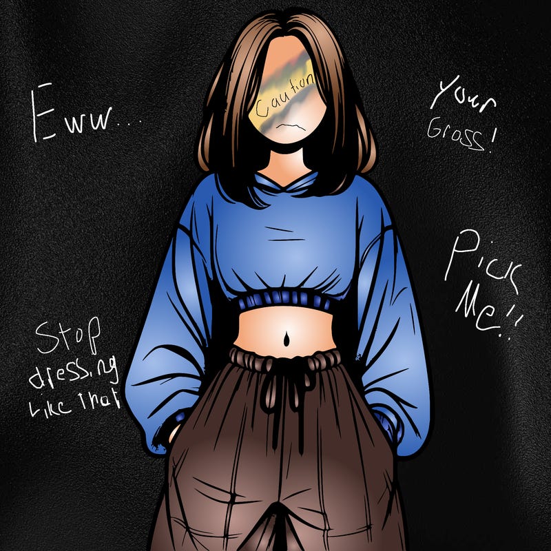 realistic girl faceless with baggy pants and a crop top