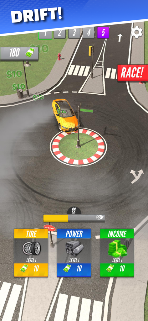 Drift 2 Drag - A yellow car drifting around a circular track with upgrade menus for tires and power in the Drift 2 Drag mobile game.