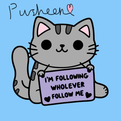 cat with a sign that says i’m following whoever follows me