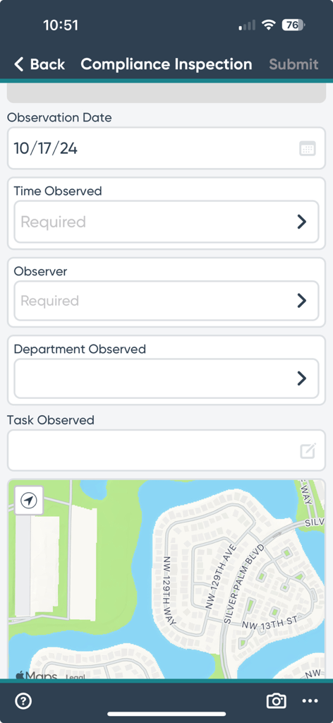 Ideagen EHSQ Enterprise - Compliance inspection form on Ideagen EHSQ Enterprise mobile app with location map