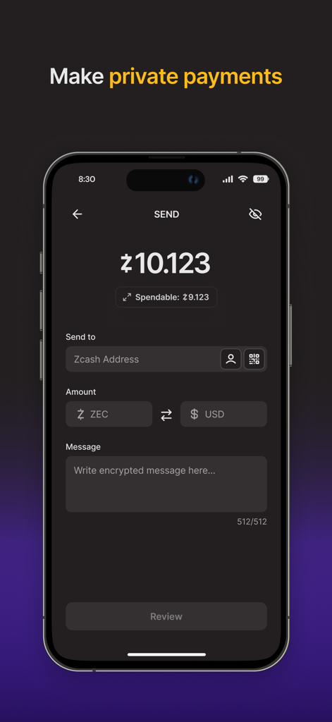 Zashi: Zcash Wallet - Zashi Mobile App Benutzeroberfläche für private Zcash-Zahlungen und das Senden verschlüsselter Nachrichten