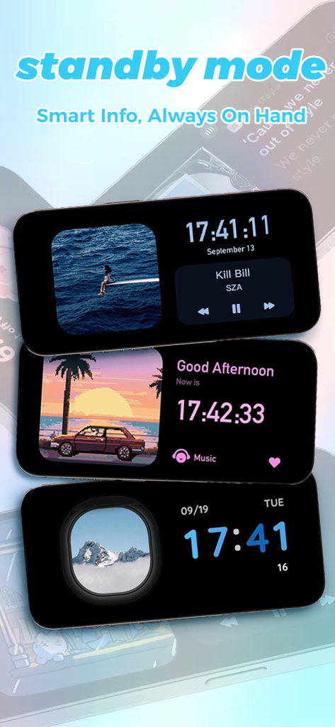 Dynamic Dash - Widget & Theme - 시계 위젯, 음악 플레이어 및 미적 사진 프레임을 특징으로 하는 맞춤형 iOS 대기 모드 화면 예시