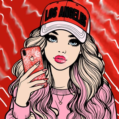 realistic beautiful girl wearing los ángeles cap holding an iphone