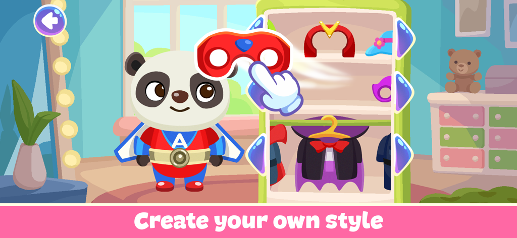 Baby Dress Up Games for Girls! - 어린이 드레스업 게임 옷장에서 슈퍼히어로 복장을 한 귀여운 팬더 모습