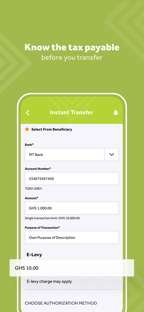 계좌 정보 및 전자 통행세 계산을 보여주는 Access Bank Ghana 앱의 즉시 이체 화면