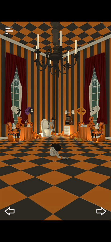 A whimsical Halloween themed room with orange and black striped walls and checkered floor in the Escape Game Spooky mobile app.