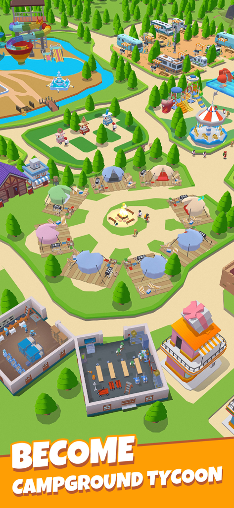 Camping Tycoon-Idle RV life - Uma visão colorida em 3D de cima para baixo de um parque de RV e acampamento movimentado em Camping Tycoon